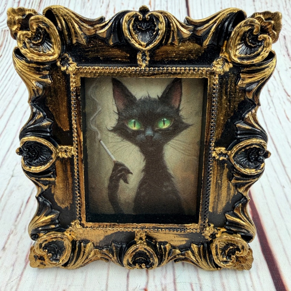 Handmade Decoupaged Black Cat Smoking Art Print Ornate Gold Resin Frame